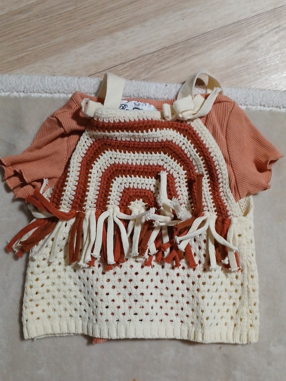 Rare Editions Rust Orange and Cream Crochet Fringe Top